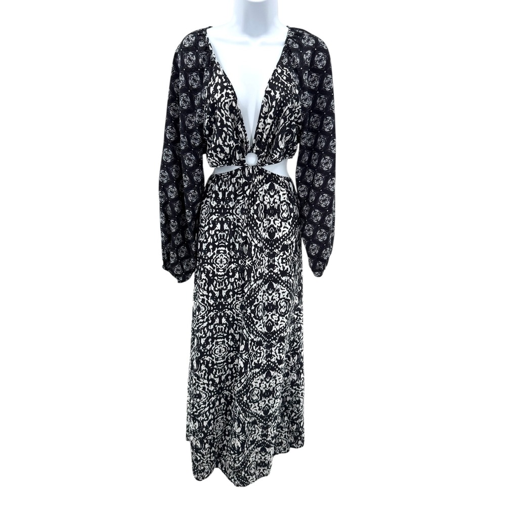 Abercrombie & Fitch‎ Black White Boho Ring Cutout Maxi Dress LP Long Sleeve - Picture 3 of 8